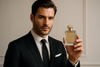 MAKE A IMAGE IN WHICE AN ELEGANT PERFUME IN A HAND OF AN EFFACTIE MAN
